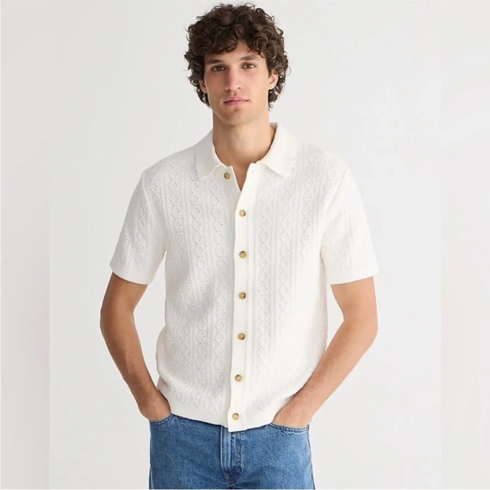 J. Crew Men’s Small Short Sleeve Heritage Pointelle Stitch Sweater Polo NEW